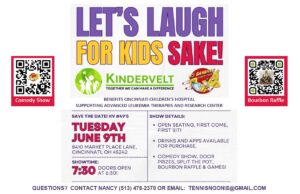 Poster for a charity comedy show 'Let’s Laugh for Kids Sake' to benefit Cincinnati Children’s Hospital; two QR codes on sides labeled Comedy Show and Bourbon Raffle.