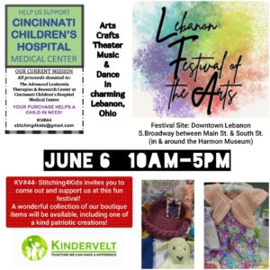 Event collage for Lebanon Festival of the Arts and charity drive; includes 'Stitching4Kids' and 'Kindervelt' logos with details of activities and vendors.