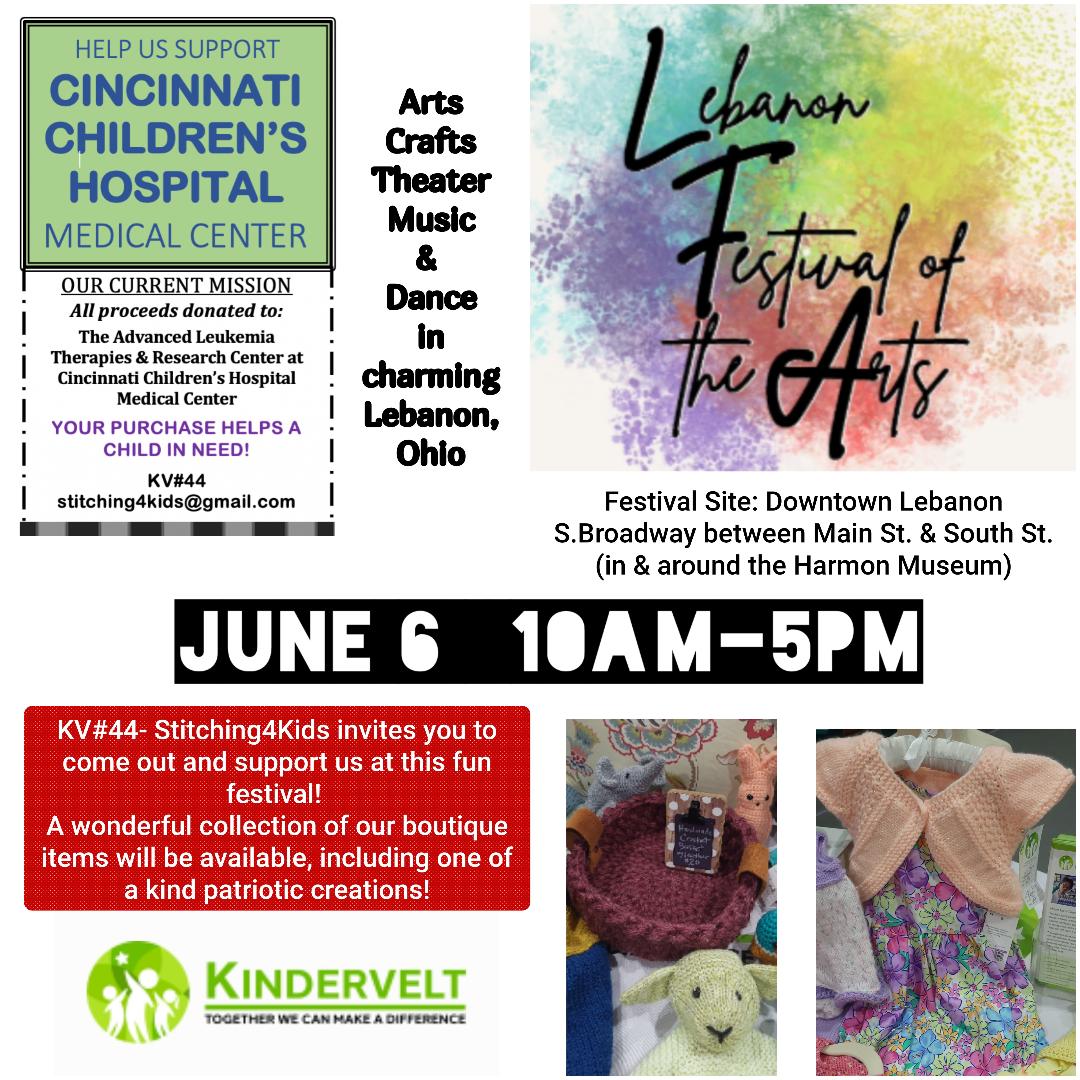 Event collage for Lebanon Festival of the Arts and charity drive; includes 'Stitching4Kids' and 'Kindervelt' logos with details of activities and vendors.