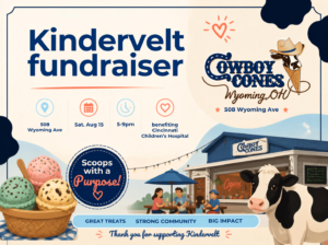 Poster for KinderVelt fundraiser at Cowboy Cones in Wyoming, OH, with date, time, and location icons ( ice cream, map pin, calendar, accessibility, heart ).