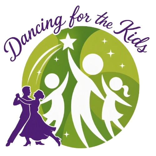 Logo for Dancing for the Kids charity: white dancing figures inside a green circle with purple script text around the edge.